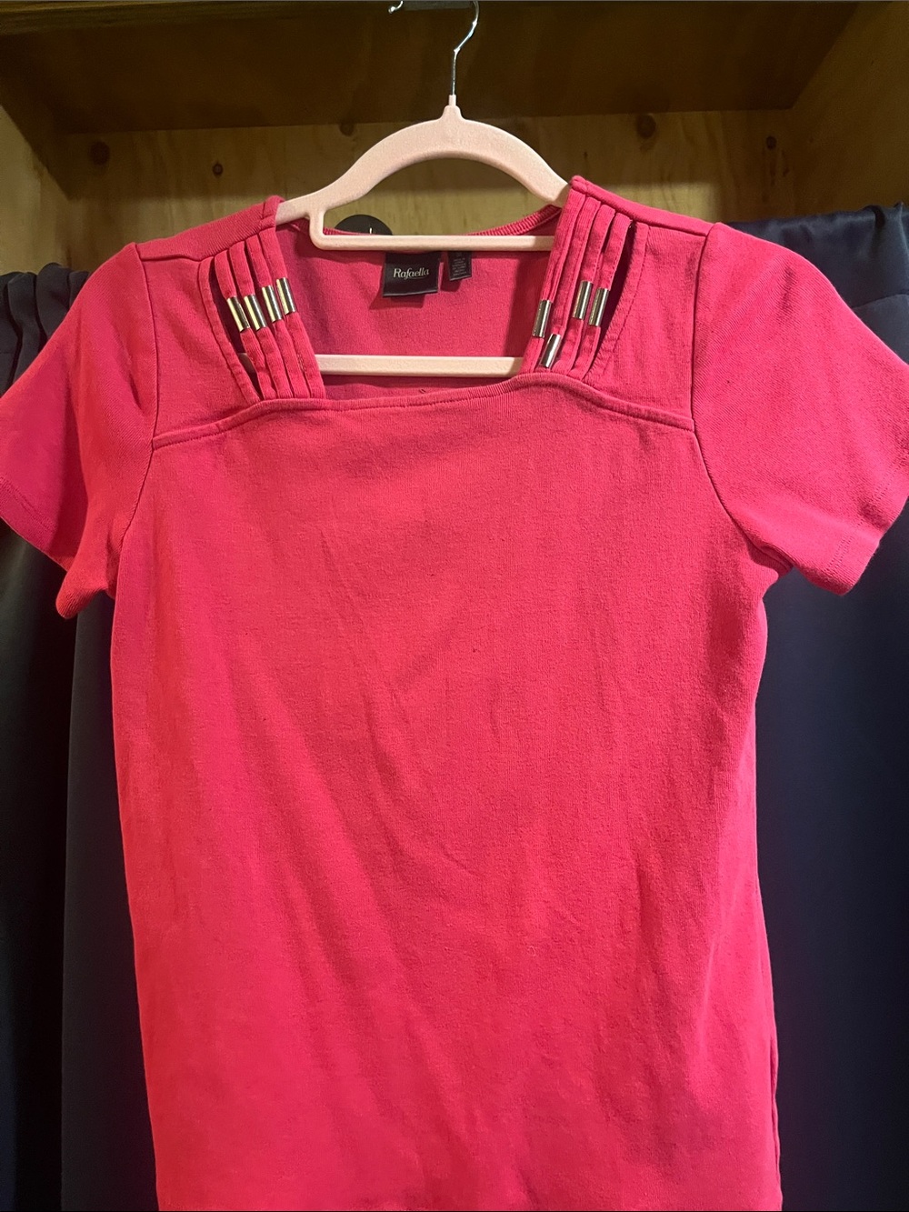 Rafaella Hot Pink Short Sleeve Square Neck Top with Pleated Strap Accents